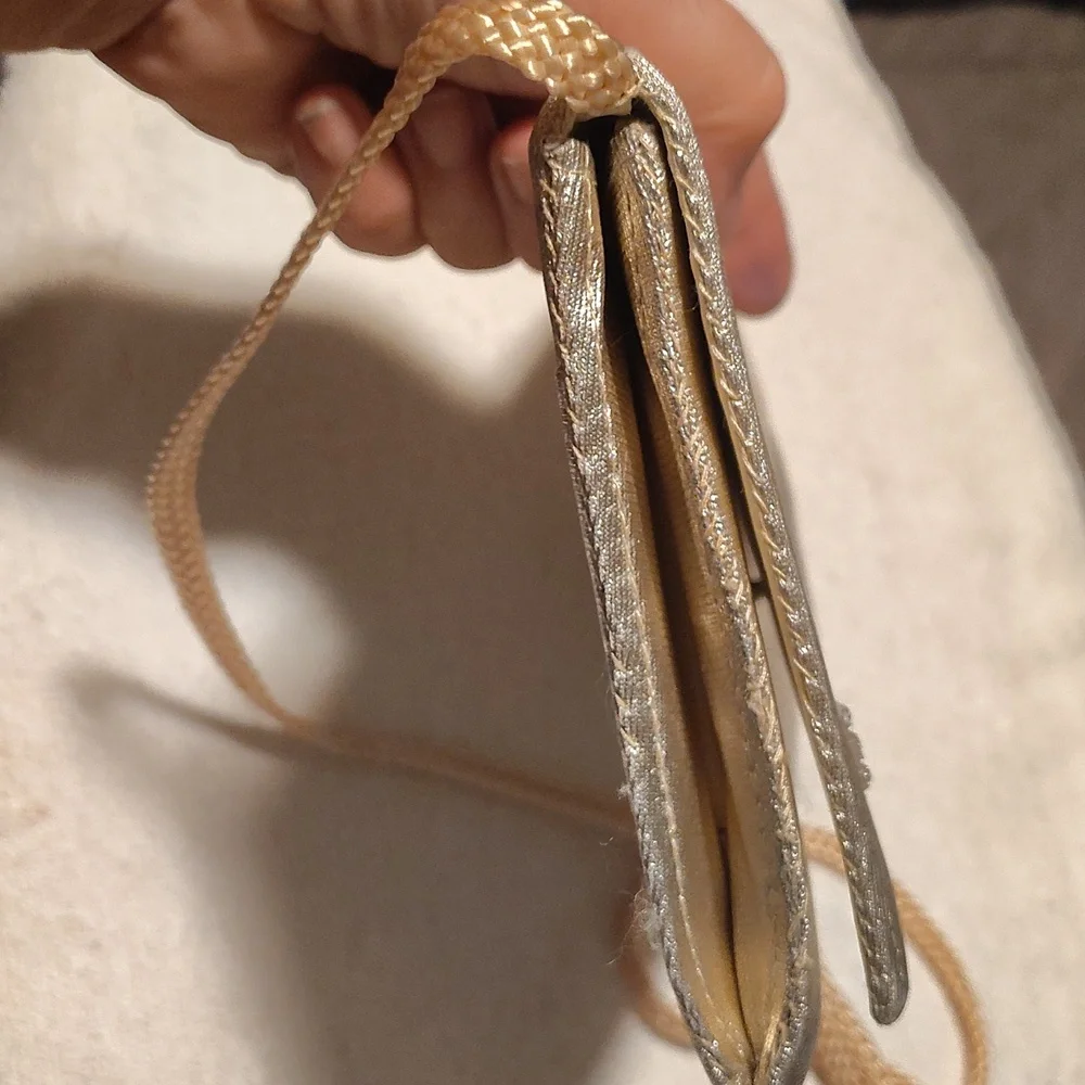 Metallic Gold Purse, Snap Shut And Open Compartment With Pocket, Strap - Picture 6 of 7